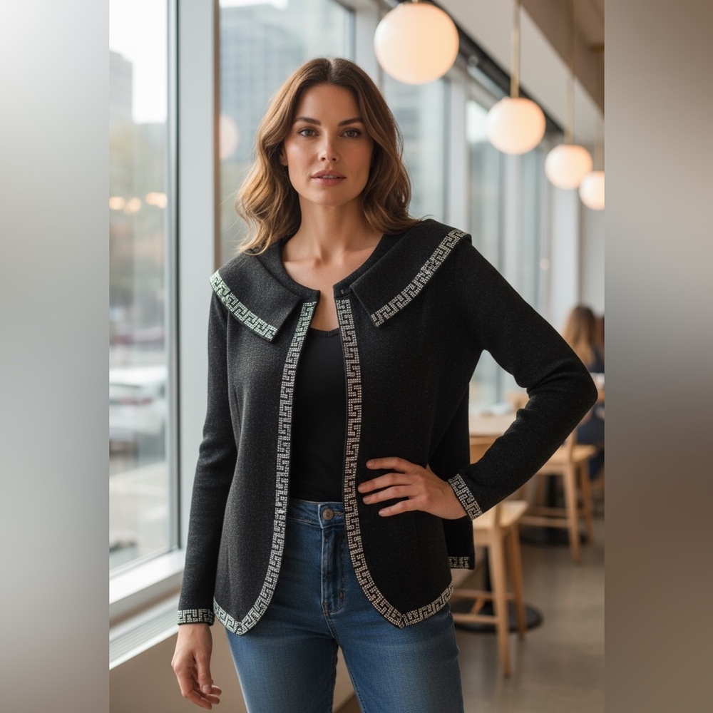 Donna Vinci Elegant Black Jacket with Greek Key Design - Picture 3 of 15